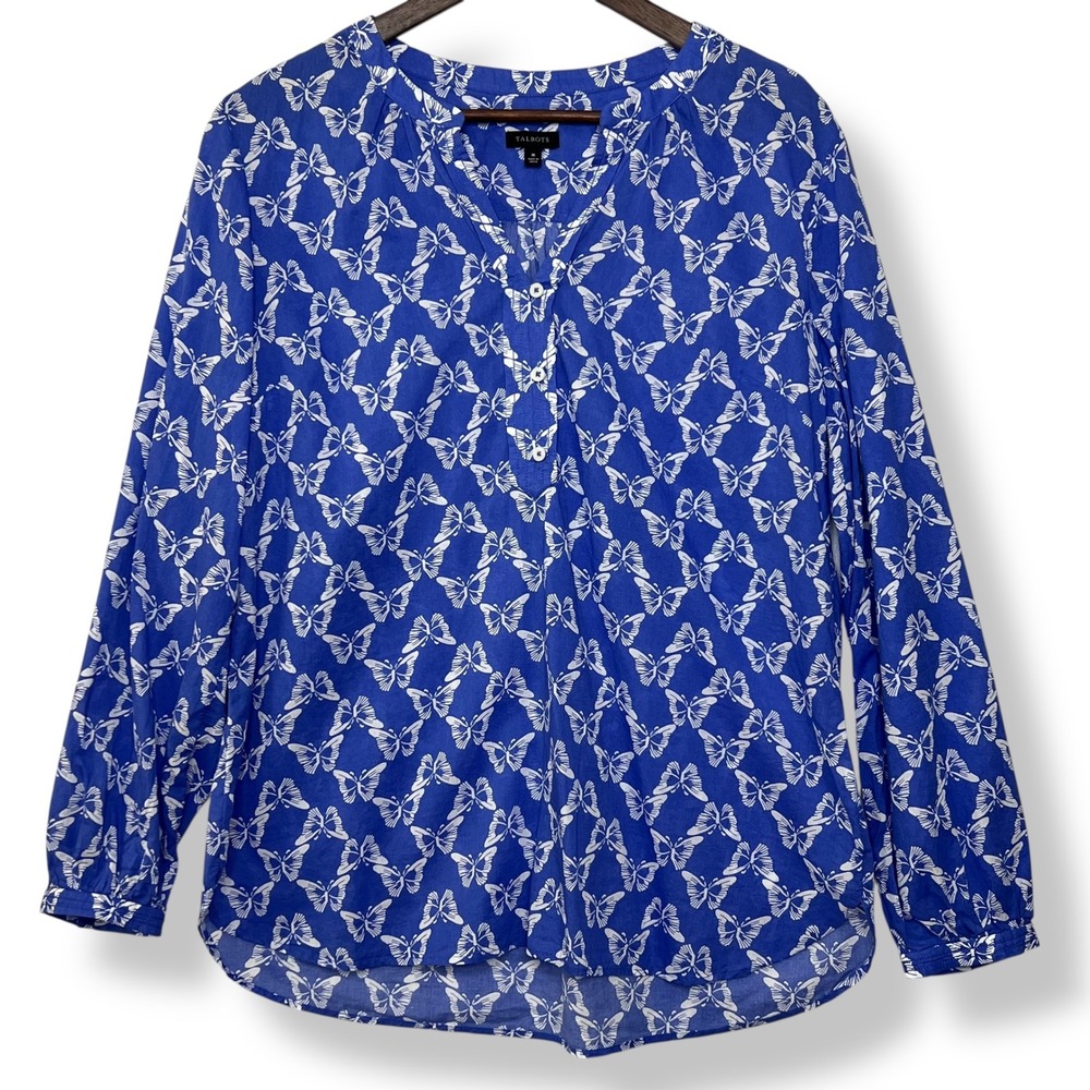 Talbots Blouse M Blue Butterfly 100% Cotton Popover Lightweight Novelty Coast